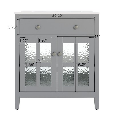 Vynxaria 30 Inch Soft Gray Bathroom Vanity with Ceramic Sink One Curved Cabinet Soft Close Door Adjustable Shelf Tip Out Tray Solid Wood Tapered Legs