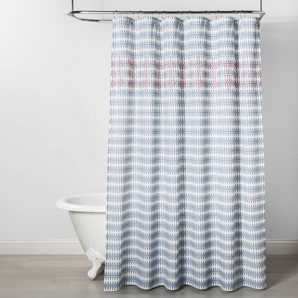 Wood Block Ogee Print With Embroidery Shower Curtain Blue
