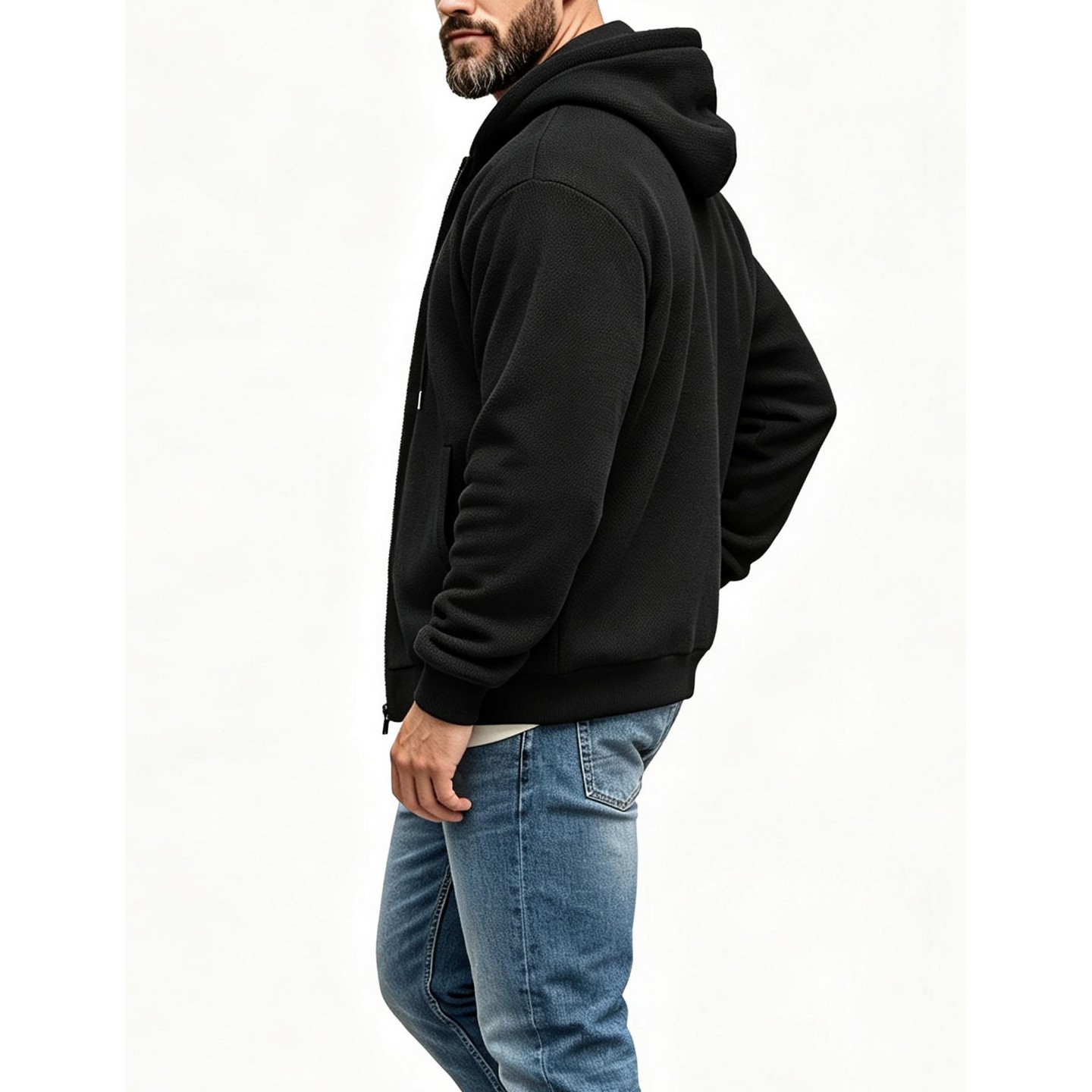 Мужское пальто YesFashion Men Full Zip Hooded Sweatshirt Jacket Drawstring Outerwear Long Sleeve Casual Zip‑Up Coat, XL, Black, цвет: Чёрный — фото 4