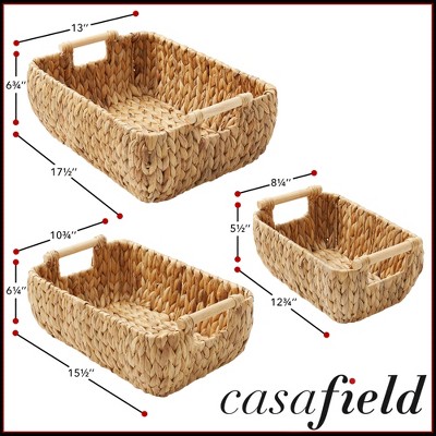 Set of 3 Beige Water Hyacinth Rectangular Storage Baskets with Wooden Handles