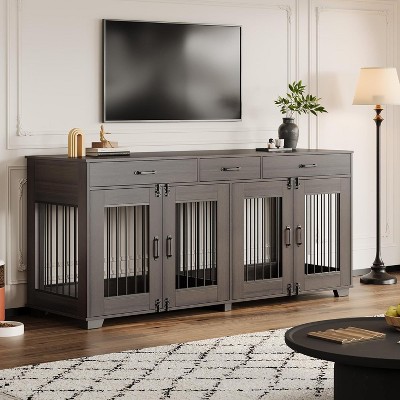 71" Double Dog Crate Furniture with 3 Storage Drawers | Wooden TV Stand & Pet Kennel with Removable Divider