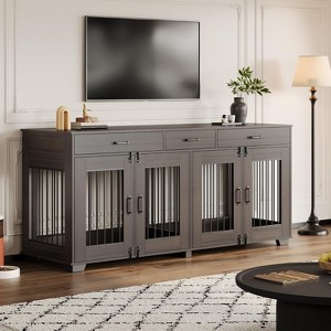 71" Double Dog Crate Furniture with 3 Storage Drawers | Wooden TV Stand & Pet Kennel with Removable Divider - 1 of 4