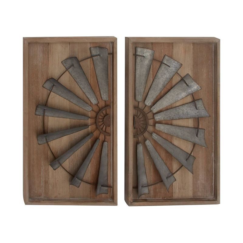 Wood Windmill Wall Decor with Wood Backing Set of 2 Gray - Olivia &#38; May, 1 of 6