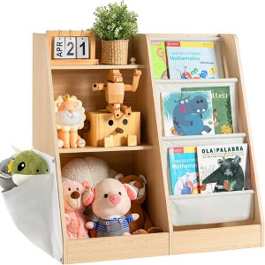 Ruvalino Decorative Bookshelf Kids Sling Bookcase with Side Pocket Toy Organizer for Nursery, Brown, 32.3"*15.7"*29.5" - 1 of 4