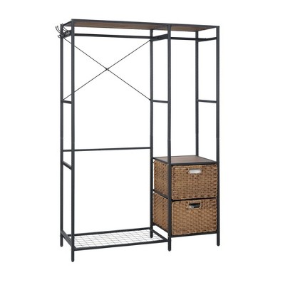 PDTEND Acacia Wood Garment Rack with Shelves, 2 Wicker Drawers, 4 Hooks, Vintage Brown
