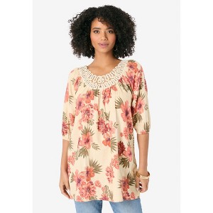 Roaman's Lace Trim Popover Blouse - 1 of 4