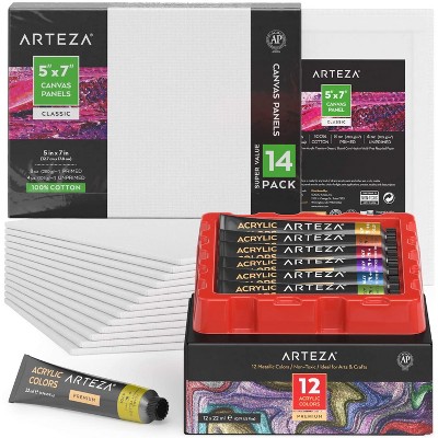 Arteza Canvas And Paint Set - 12 Acrylic Paints And 14 White Blank Canvas  Panels Bundle : Target