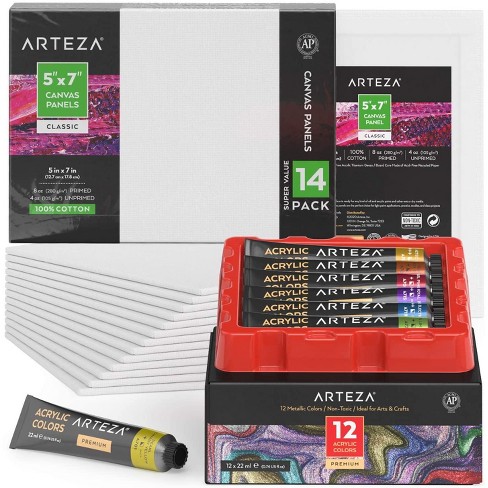 Arteza Canvas And Paint Set - 12 Acrylic Paints And 14 White Blank Canvas  Panels Bundle : Target