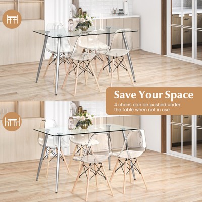 Modern Glass Dining Table Set with Clear Chairs and Metal Legs