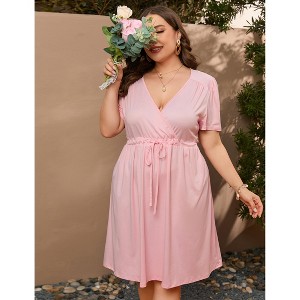 Women's Plus Size Dress Floral Short Sleeve A Line Wrap Drawstring Dress Flowy V Neck High Waist Midi Dress - 1 of 4