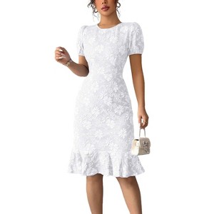 Women's Floral Embroidery Midi Dress Puff Short Sleeves Bodycon Ruffle Hem  Round Neck Cocktail Party Dress White M : Target