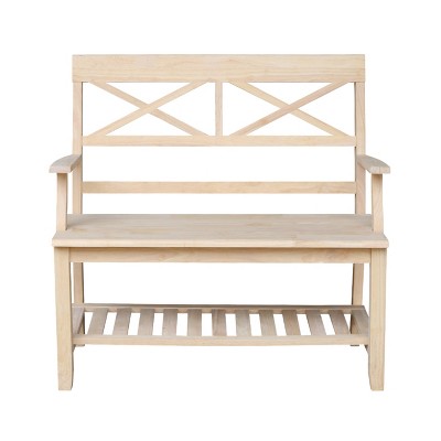 Unfinished Parawood Double X-Back Bench with Storage Shelf