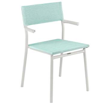 Lafuma Batyline Duo ORON Sustainable Aluminum Weather Resistant Stackable Outdoor Dining Armchair w/287 Pound Capacity, Sand/Mistral Blue (Set of 2)