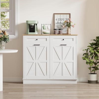 Acekool 20 Gallon Double Tilt-Out Trash Cabinet with Hidden Drawers, Pet-Proof Wood Trash Can and Laundry Hamper for Kitchen & Living Room