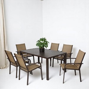 Mshliw 7-Piece Outdoor Patio Dining Set with 6 Stackable Chairs, Cushions, and Wood-Like Plastic Tabletop, Perfect for Garden, Patio, or Poolside - 1 of 4