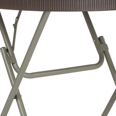 Petite Round Gray Metal Folding Table with Brown Plastic Top
