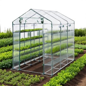 57 x 85 x 77'' Greenhouses for Outdoors, Portable Greenhouse Kit with Mesh Side Windows, PE Cover, 8 Shelves, Heavy Duty Walk in Green House - 1 of 4