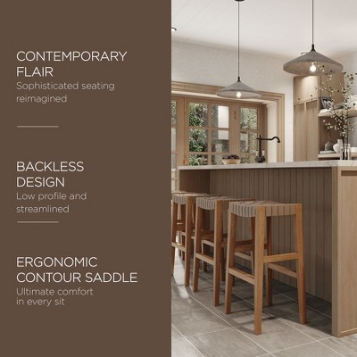 Weathered Natural Backless Saddle Wood Bar Stool with Vegan Leather Seat
