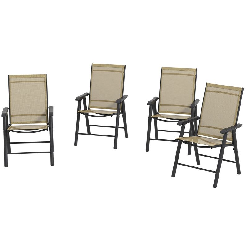 Outsunny Set of 4 Patio Folding Chairs, Stackable Outdoor Sling Chairs with Armrests for Lawn, Camping, Dining, Beach, Metal Frame, Light Brown, 4 of 7