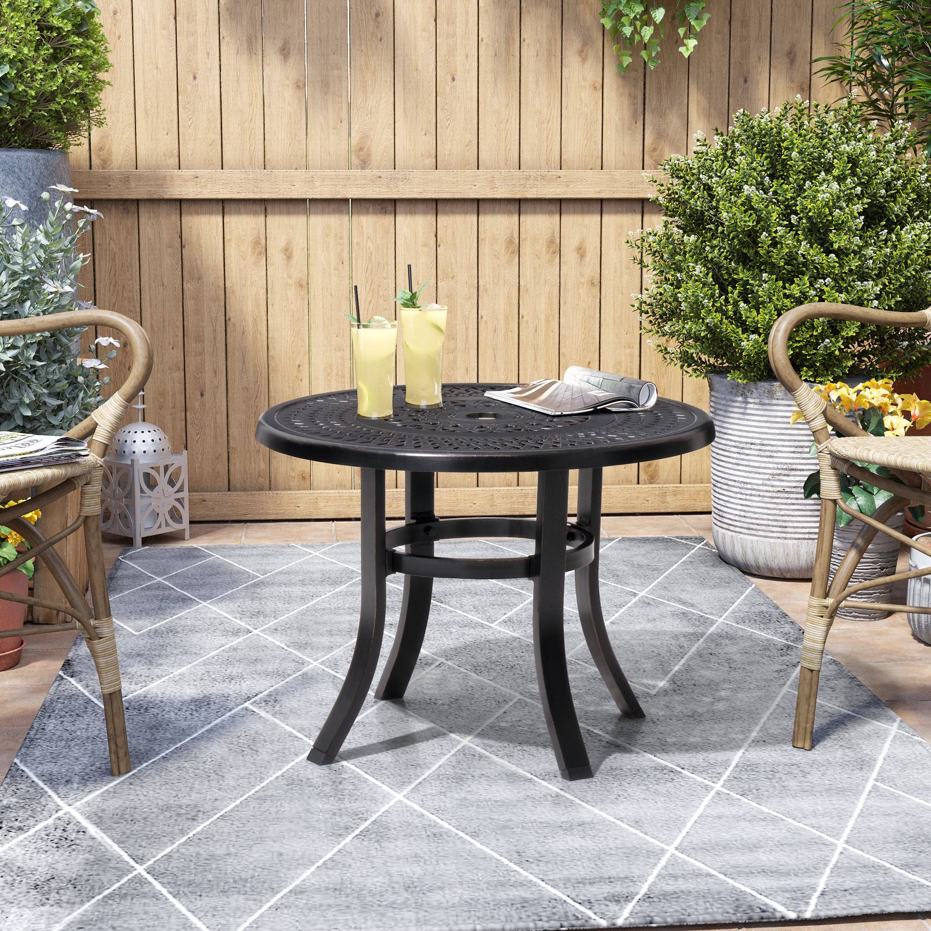 Pellebant 24-Inch Dia Cast Aluminum Patio Side Table Umbrella Hole Round Outdoor Bistro Table Brown