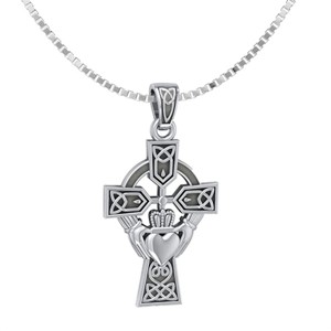 Slickblue Sterling Silver Claddagh Cross Pendant Necklace, 18 Inch Chain, Celtic Knot Irish Jewelry, Silver Tone - 1 of 4