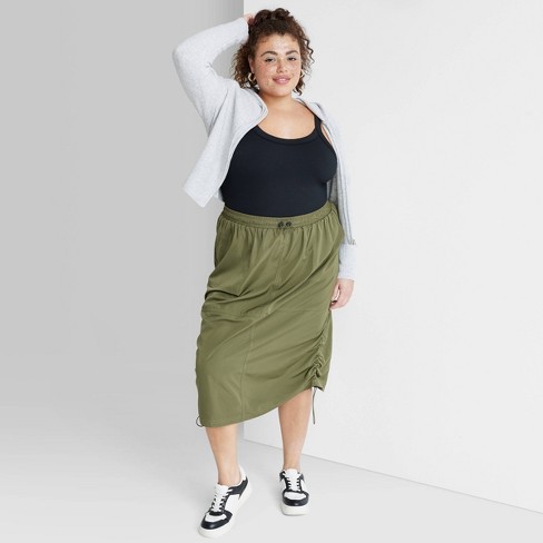 Olive Green A-Line Midi Skirt, Cute Work Skirt Outfit, Green Skirt