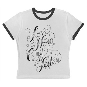 Rerun Island Women's Love Now Cry Later Short Sleeve Graphic Cotton Retro Vintage Ranger Baby Tee - White Caviar L - 1 of 4