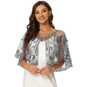 Allegra K Women's Sequin Beaded Bridal Cover-Up Evening Cape Flapper Bolero - 1 of 4