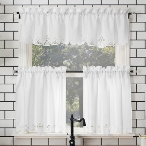 Mariela Floral Trim Semi-Sheer Rod Pocket Kitchen Window Valance and Tiers Set White - No. 918 - 1 of 4