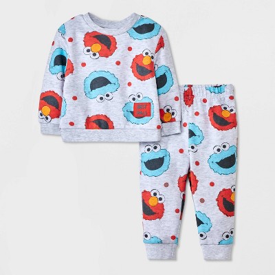 Image of Baby Boys' Sesame Street Elmo and Cookie Monster Fleece Top and Bottom Set - Gray Newborn