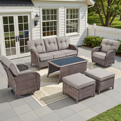 Buenhomino High Back Patio Furniture Set with 5-Inch Thick Cushion, Outdoor Conversation Set with Sofa, Swivel Rocker Chairs & Ottomans