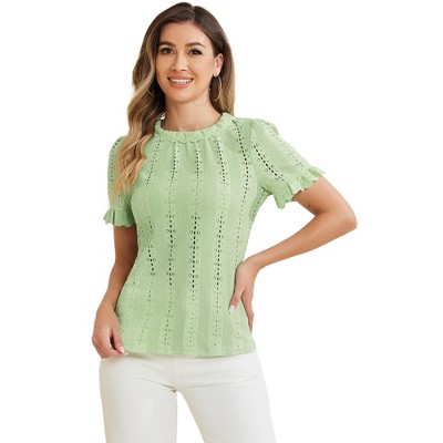 INSPIRE CHIC Women's Crochet Eyelet Mock Neck Puff Sleeve Ruffle Embroidery Blouse