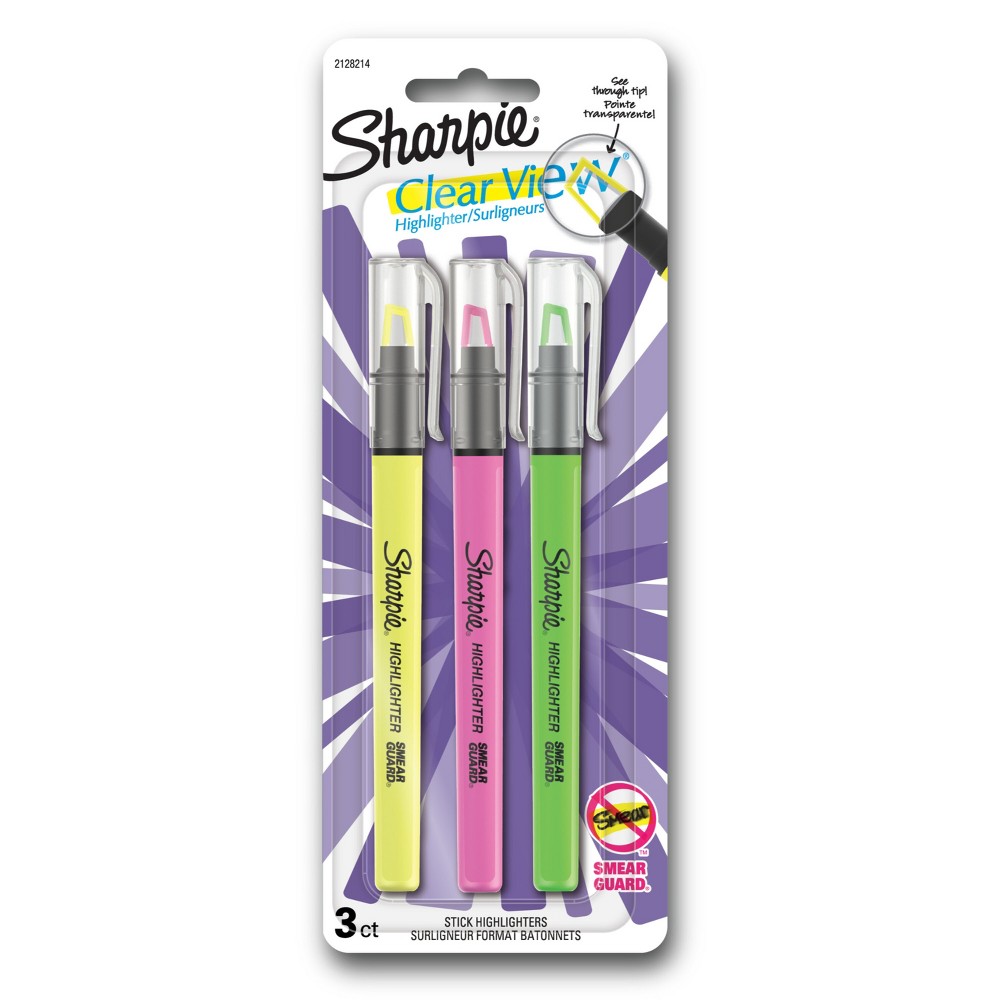 Sharpie Clear View 3pk Highlighters Fine Chisel Tip Multicolored: No Bleed Markers, Pink Green Yellow, Stationery & Office