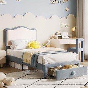 Upholstered Twin Bed Frame with Storage Drawer & Scallop Headboard, Princess Platform Bed Frames for Kids Girls - 1 of 4