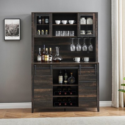 Whizmax 70 Farmhouse Coffee Bar Wine Cabinet With Sliding Barn Doors Tall Kitchen Hutch With Wine Glasses Rack For Kitchen Dining Room Oak Target