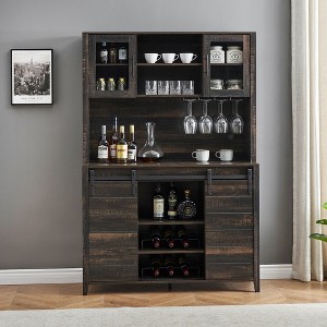 WhizMax 70" Farmhouse Coffee Bar Wine Cabinet with Sliding Barn Doors, Tall Kitchen Hutch with Wine & Glasses Rack, for Kitchen, Dining Room, Oak - 1 of 4