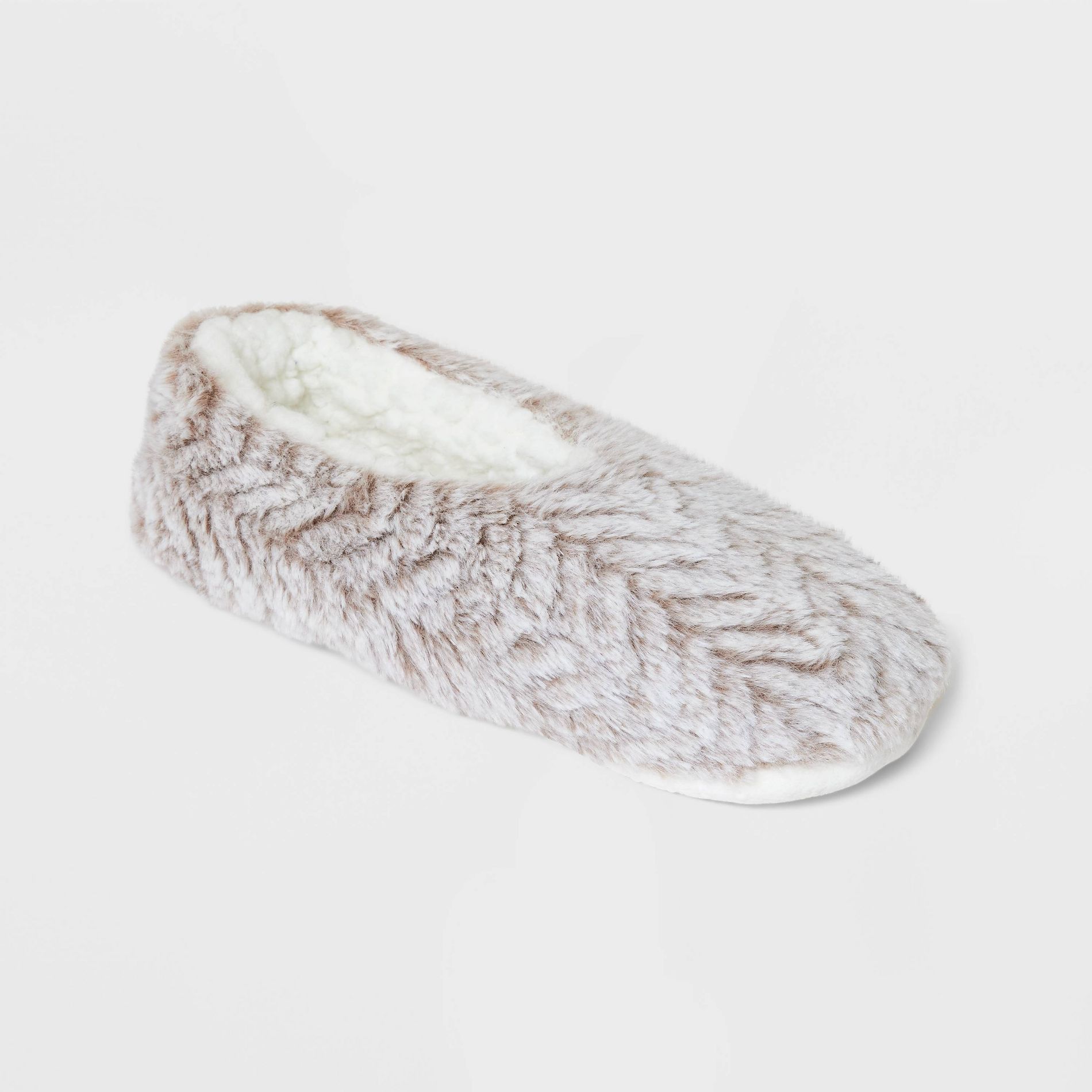 Women's Herringbone Faux plush Cozy Pull-On Slipper Socks with Grippers - Auden™ Tan/Ivory S/M: Cushioned Insole, Nonslip