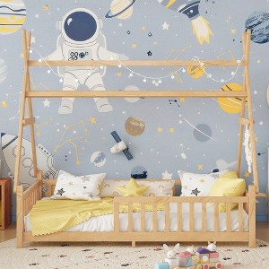 Twin/Full House Bed with LED Light, Low Floor Kids Bed with Fence & Roof - ModernLuxe - 1 of 4