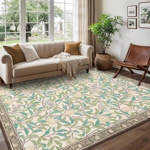 Washable Area Rug - Thin Low Pile, Farmhouse Botanical Print, Large Living Room/Dining Room/Bedroom Carpet - 1 of 4