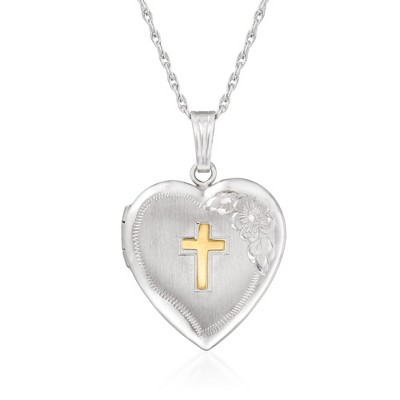 Ross-Simons Sterling Silver Heart Locket Necklace With 14kt Yellow Gold Cross
