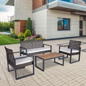 KTMBDW 4 Piece Outdoor Patio Furniture Set, Wicker Patio Furniture with Coffee Table, Wicker Bistro Set for Backyard, Poolside, Porch - 1 of 4