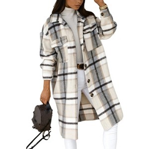 Coolmee Women's Long Flannel Plaid Jacket Shacket Casual Lapel Button Down Shirt Jacket Fall Winter Outfits - 1 of 4