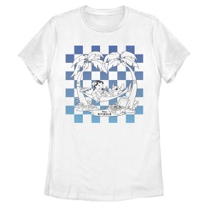 Womens Lilo & Stitch Blue Checkered Palm Trees T Shirt - 1 of 4