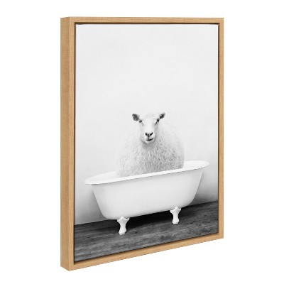 Natural Framed Canvas Print of Sheep in Vintage Tub, 18x24