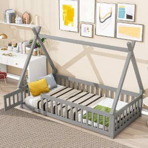 ALEXOUN Floor Size Bed with Door, Pine Bed Frame with Tent-Shaped Head board & Full-Length Guardrails - 1 of 4