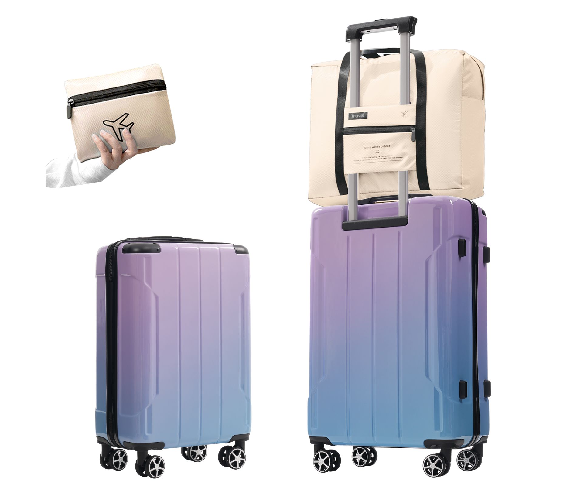 3 PCS Luggage Set, 20" Carry-On Suitcase & 24" Checked Suitcase & Foldable Duffel Bag, Spinner Wheels & TSA Lock, Lilac and Blue - ModernLuxe