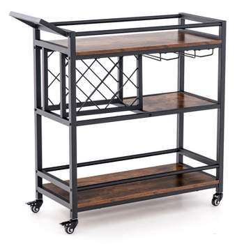 Tangkula 3-Tier Bar Cart Wheels Rolling Serving Cart with Wine Rack and Glass Holder Industrial Storage for Kitchen Dining Room Rustic Brown/Brown