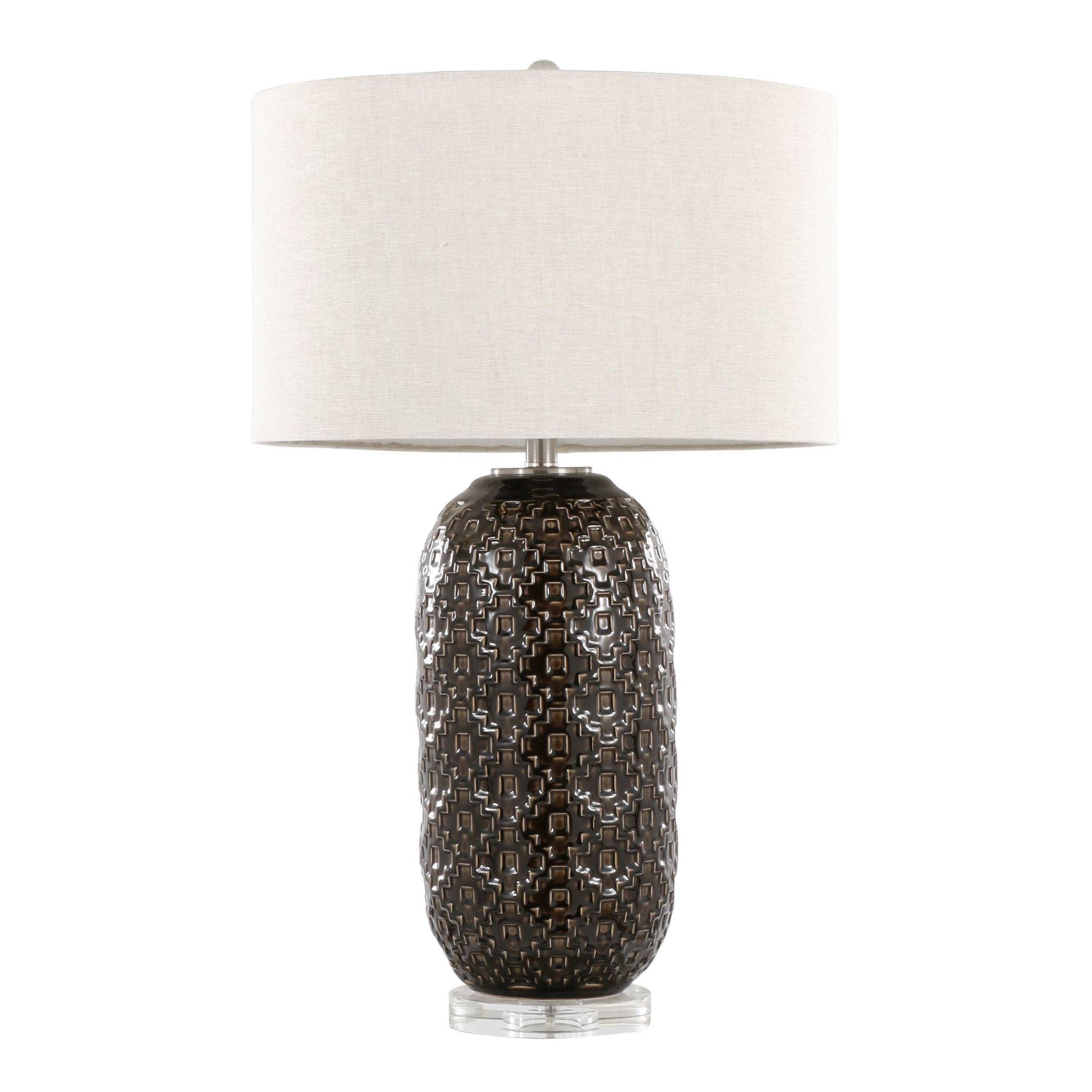 LumiSource Onyx 30" Contemporary Ceramic Table Lamp in Dark Gray/Crackle Ceramic/Clear Crystal with Gray Linen Shade