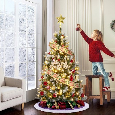 Christmas Tree, Pre-Lit 6 Ft Artificial Pine with LED Lights, Hinged Holiday Tree with Foldable Metal Base for Home
