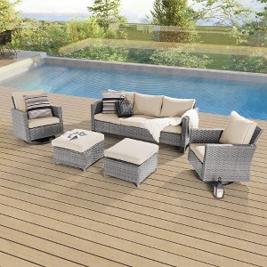 Sonkuki 5-Piece Patio Conversation Set with Swivel Rocking Chair, Navy Blue Cushion - 1 of 4